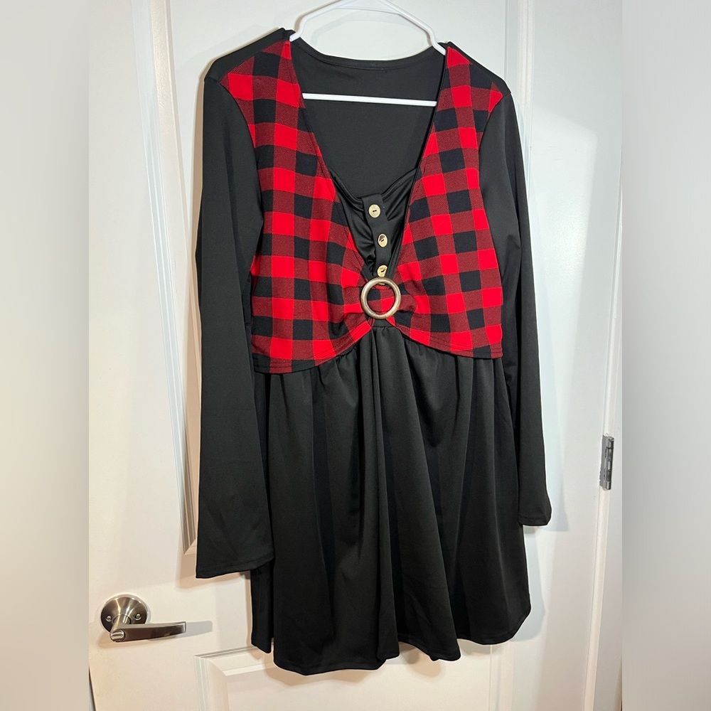 Unbranded Boutique Plaid Vested Wooden Buttoned Fit and Flare Black A Line Dress